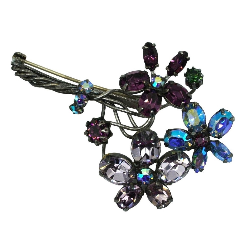 Vintage Schreiner Brooch REPAIRED Rhinestone‎ Flower Pin Floral Jewelry